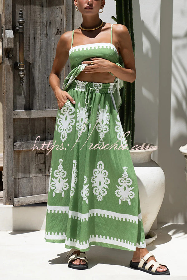 Unique Print Suspender Pleated Top and Elastic Waist Loose Wide-leg Pants Set