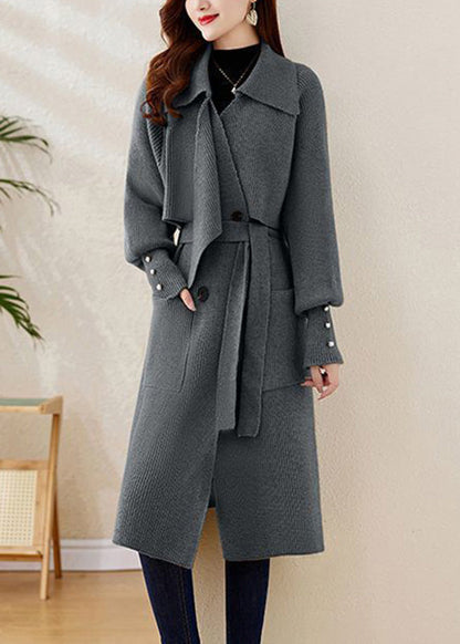 Grey Peter Pan Collar Tie Waist Knit Coats Winter Wd028