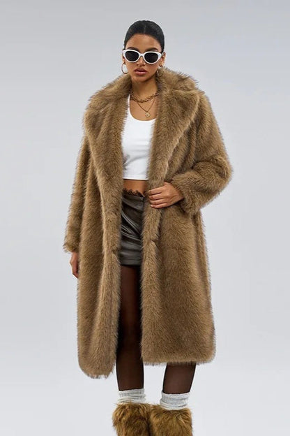 Long Faux Fur Shawl Collar Winter Coat