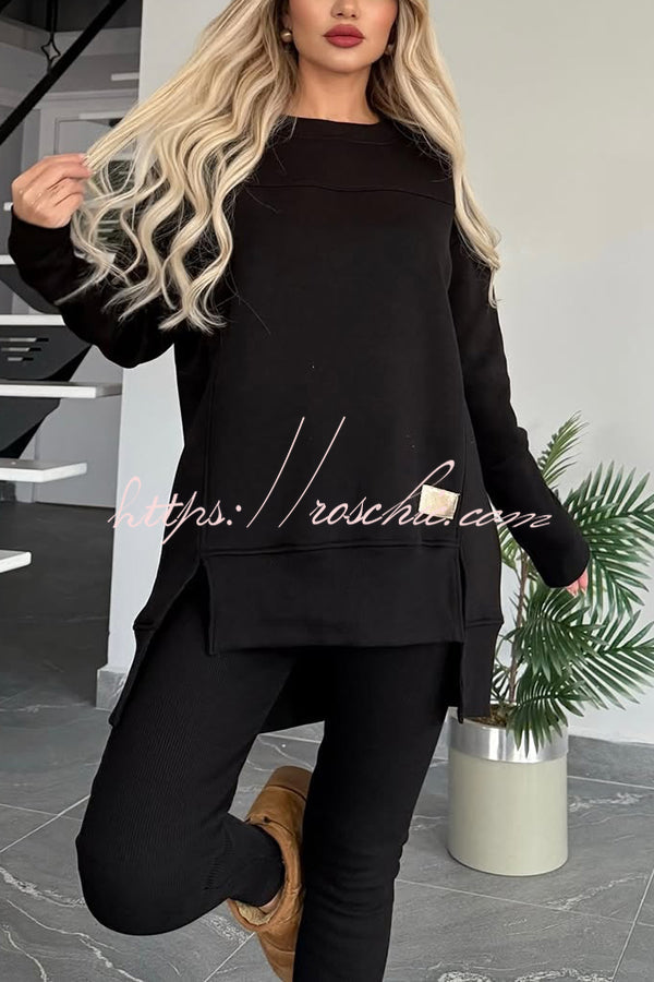 Color Crew Neck Long Sleeve Top and Stretch Pants Set