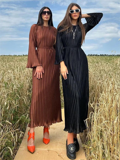 Ruffled Lace Up Maxi Dresses for Ribbed High Waist Long Dress ’s Bandage Femme Dress Autumn