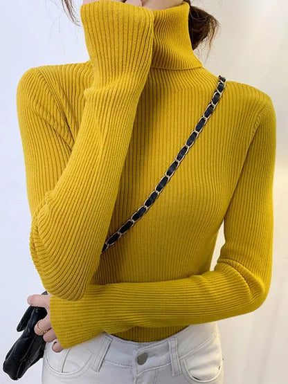 New Pullover Turtleneck Sweater Autumn Long Sleeve Slim Elastic Korean Simple Basic Jumper Color Top