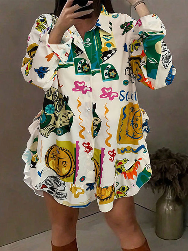 Long Sleeves Loose Falbala Printed Split-joint Lapel Mini Dresses Shirt Dress