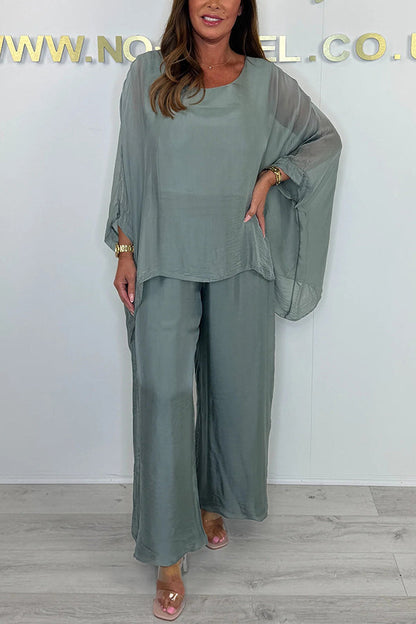 Color Round Neck Loose Bat Sleeve Top and Elastic Waist Wide Leg Pants Set