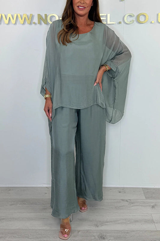 Color Round Neck Loose Bat Sleeve Top and Elastic Waist Wide Leg Pants Set