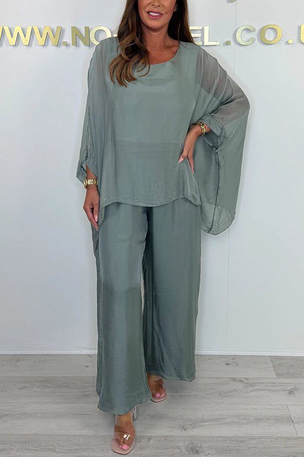 Color Round Neck Loose Bat Sleeve Top and Elastic Waist Wide Leg Pants Set