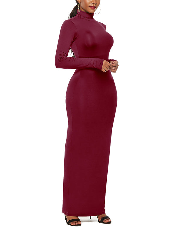 Bodycon Long Sleeves Color High Neck Maxi Dresses