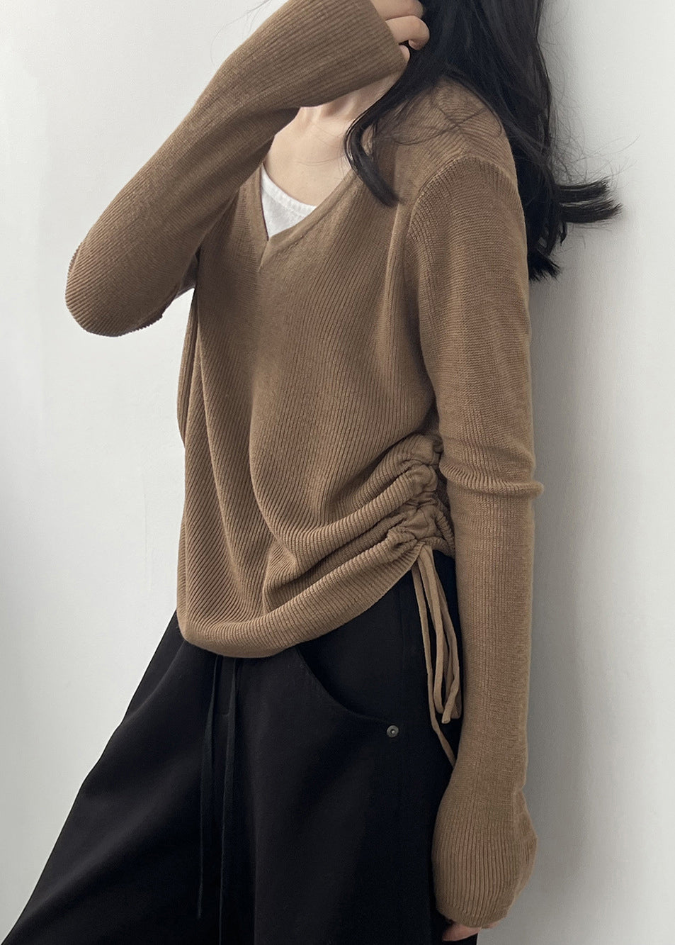 Coffee Cinched Knit Blouses V Neck Long Sleeve Af1092