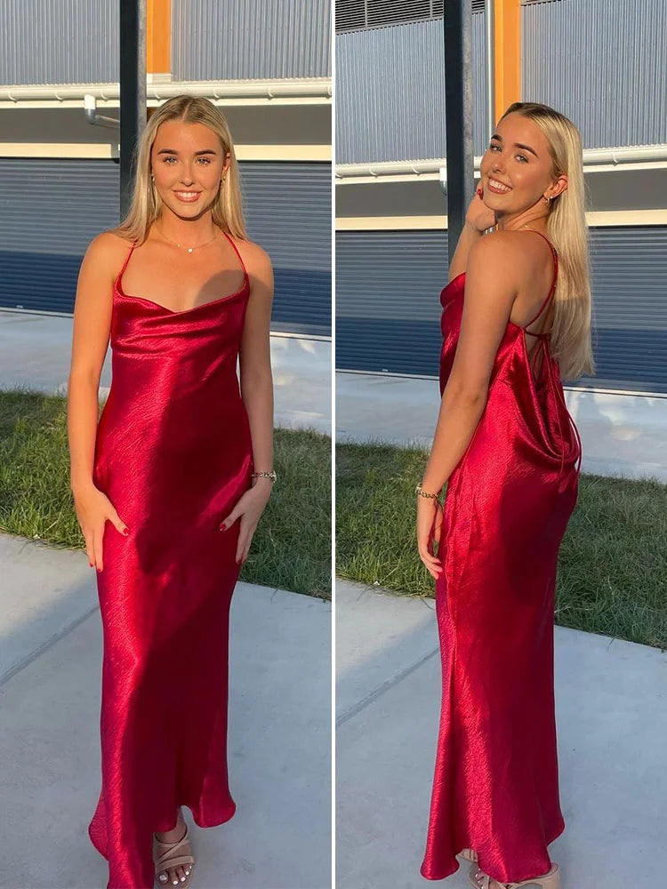 Female Party Dress Slim Hot Backless Halter Dresses Outfits Satin for Gown Maxi Dress Evening