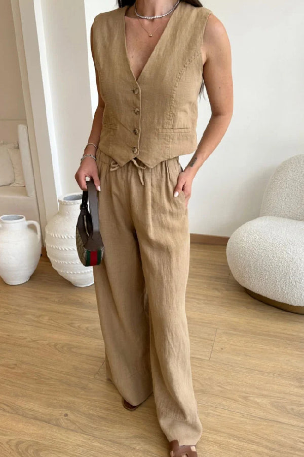 Color Cotton Linen Vest \u0026 Lace-up Pants Two-piece Set
