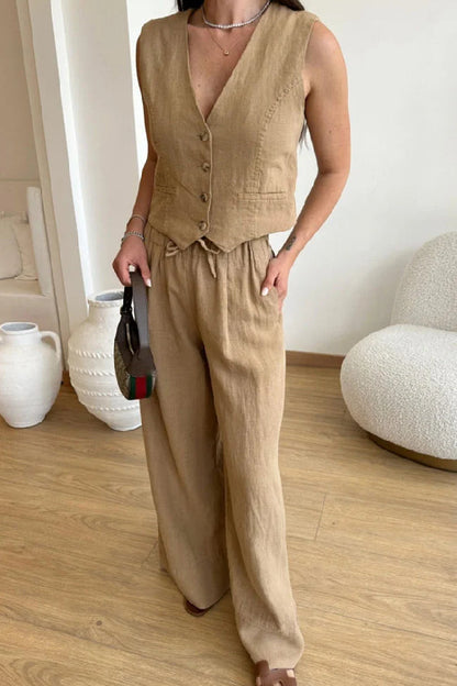 Color Cotton Linen Vest \u0026 Lace-up Pants Two-piece Set