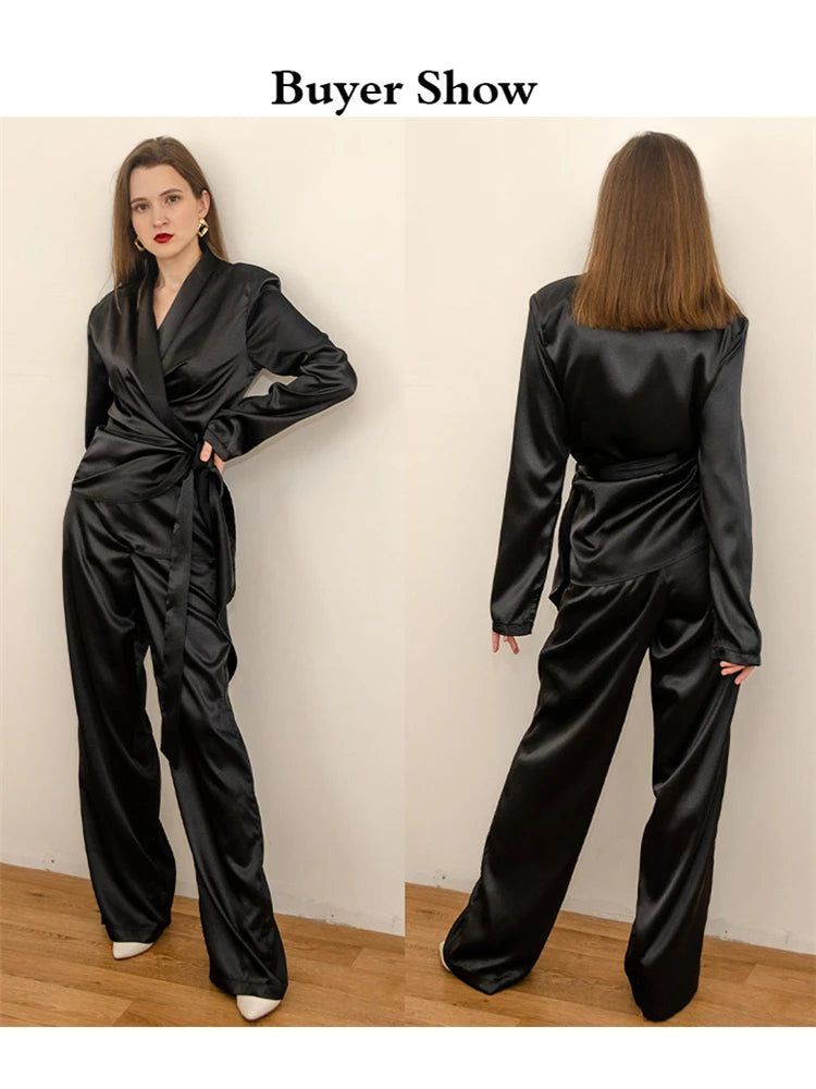 Deep V-neck Long Sleeve Bandage Blouse and Wide Leg Pants Set Loose Sets Spring Outwears