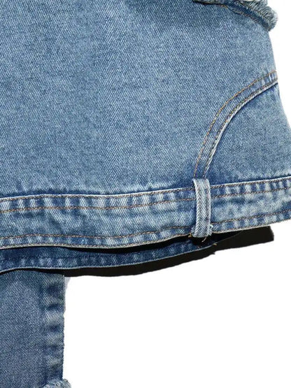 Denim Street Patchwork Sleeve White Short T-shirt O-neck Hem