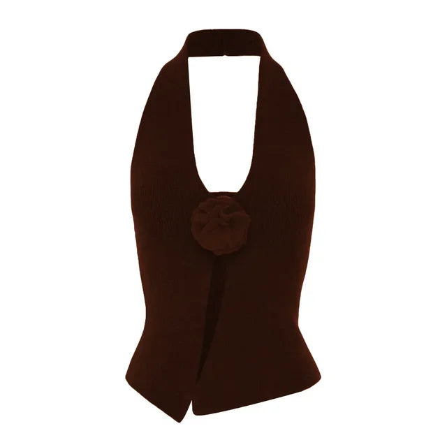Woolen Halter Neck Sleeveless T-shirts for Clothing Flower Slim Crop Top Femme Vacation Vest