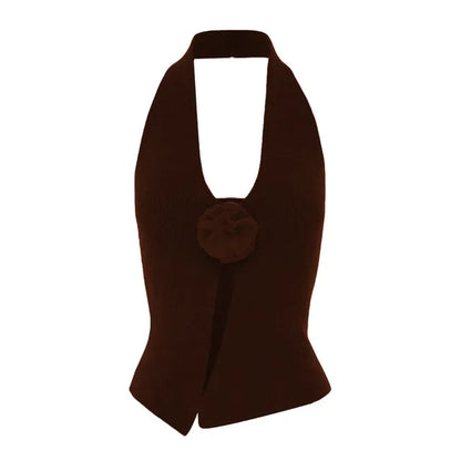 Woolen Halter Neck Sleeveless T-shirts for Clothing Flower Slim Crop Top Femme Vacation Vest