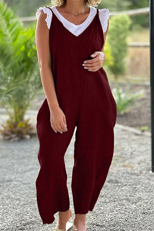 V-neck Wide-leg Pants Suspenders Color Long Jumpsuit