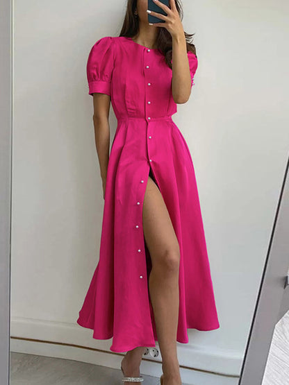 Puff Sleeves Short Sleeves Buttoned Color Round-neck Midi Dresses Shirt Dress