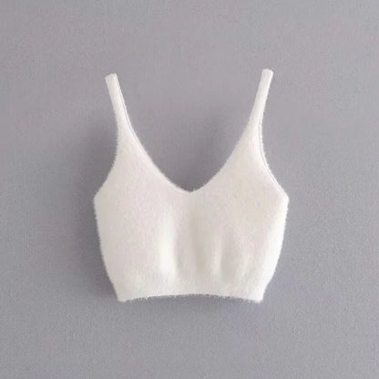Two Piece Sets Outfits White Plush Mohair Drill Button Cardigan Coats With Bra Tops and Mini Shorts Matching Sets