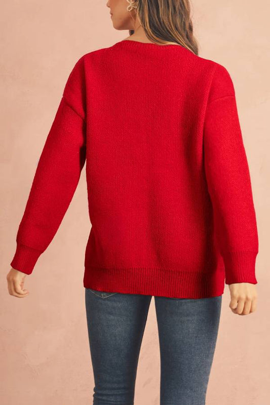 Racing Red Love Jacquard Bow Knitted Sweater