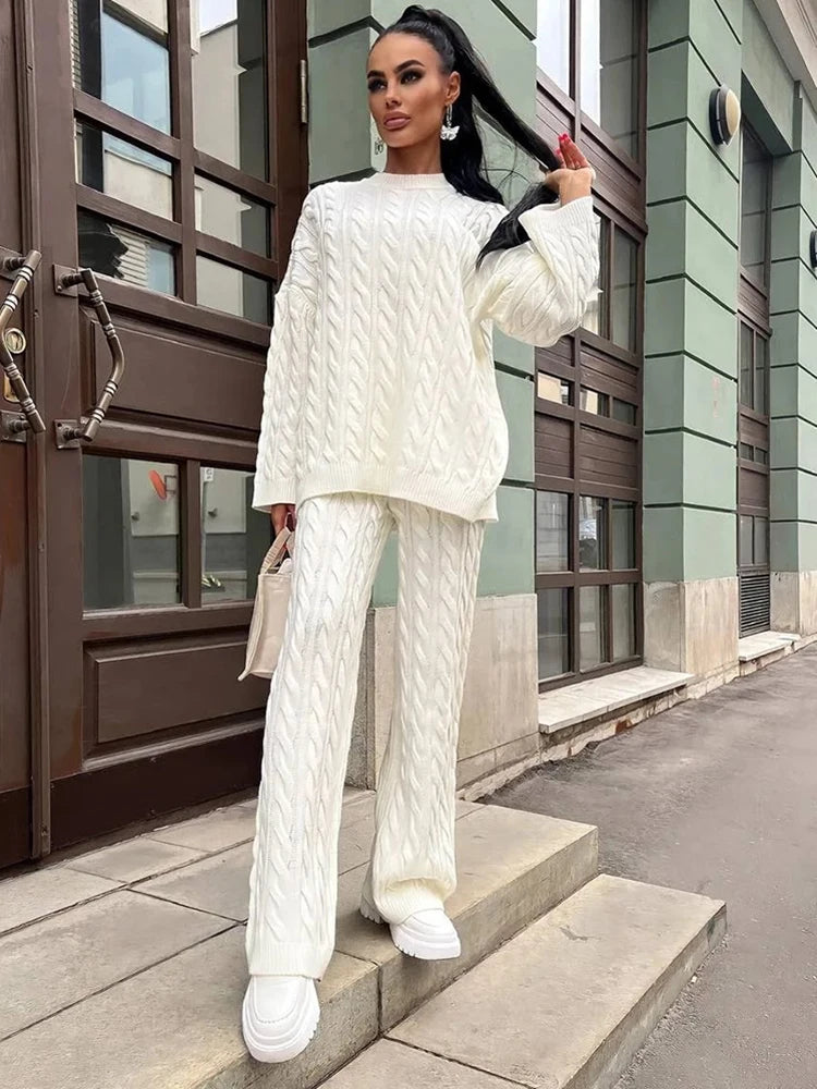 Autumn Knit Outfits Two Piece Sets Rib Loose Pullover and Wide Legs Pants Sweater Suit Matching Sets
