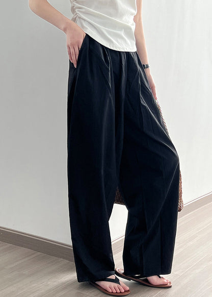 Black Pockets Cotton Wide Leg Pants Elastic Waist Wrinkled Fall Af1079
