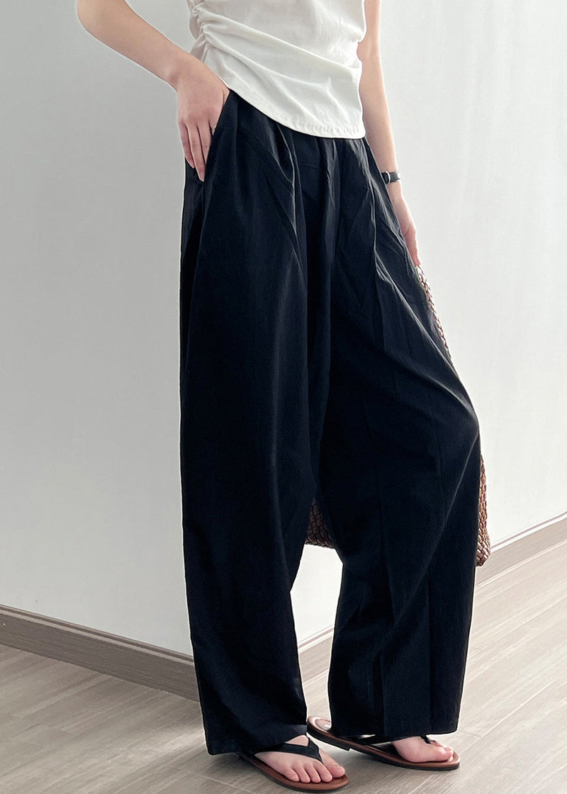 Black Pockets Cotton Wide Leg Pants Elastic Waist Wrinkled Fall Af1079