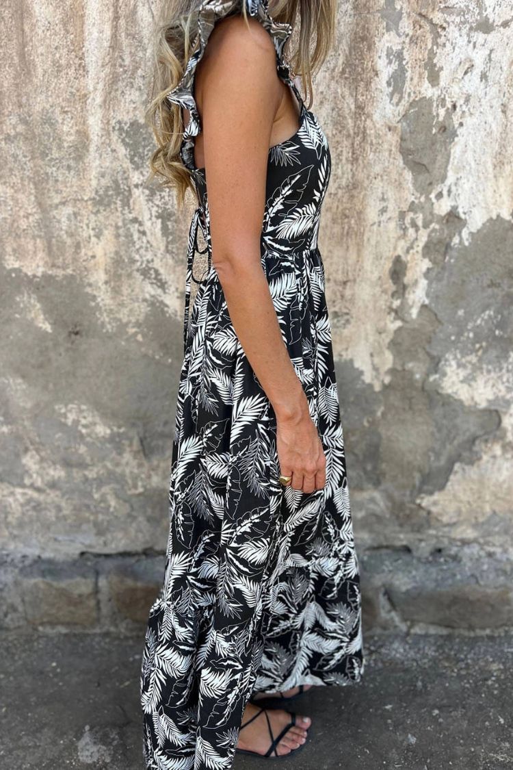 Hollow Tie Feather Print Ruffle Sleeve Maxi Dress