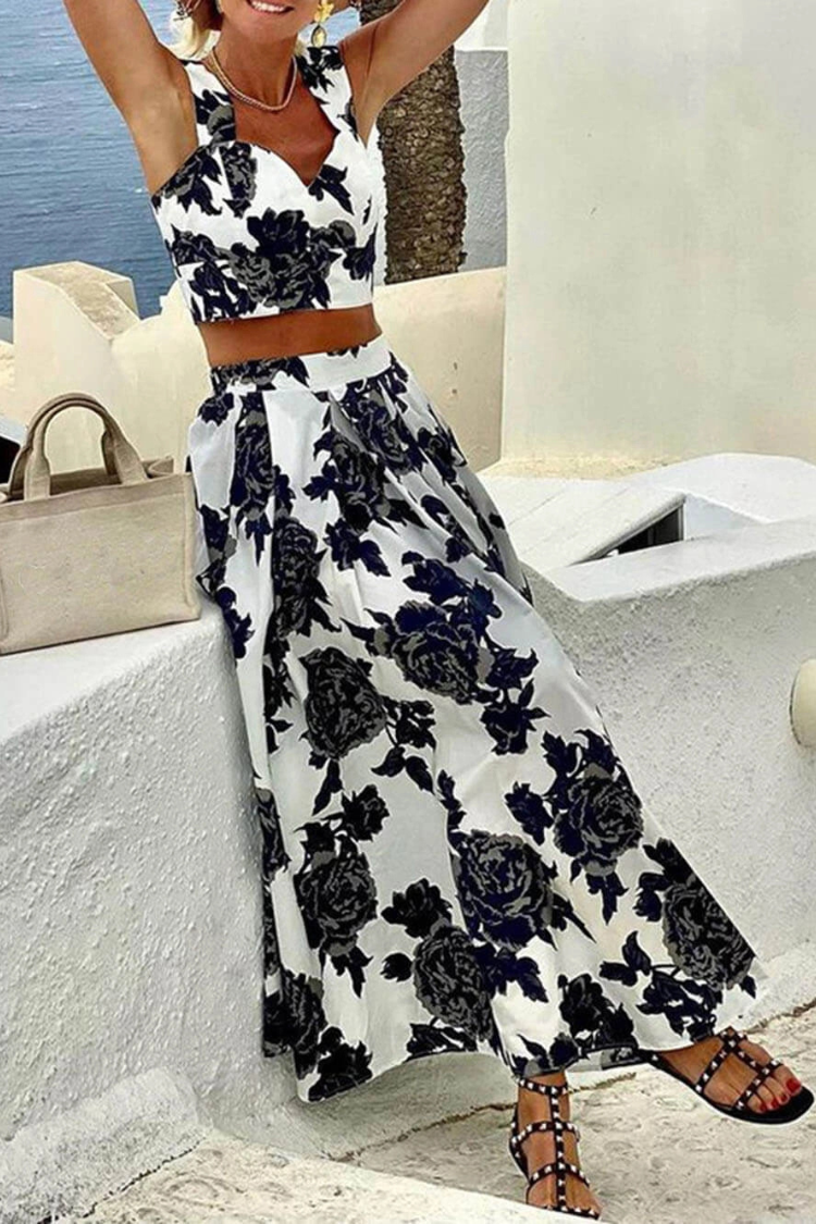 Printed Suspender Top and Skirt Two-piece Set
