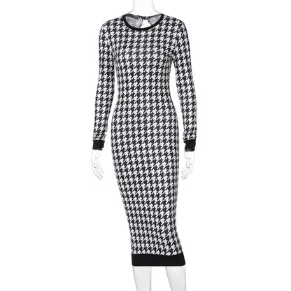 Houndstooth Print Long Sleeve Midi Dress Hollow Out Bodycon Autumn Winter Club Slim
