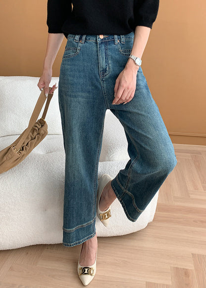 Modern Blue Pockets High Waist Denim Crop Pants Fall Af1018