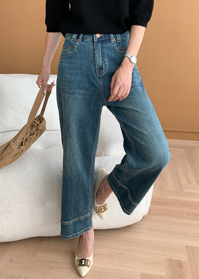 Modern Blue Pockets High Waist Denim Crop Pants Fall Af1018