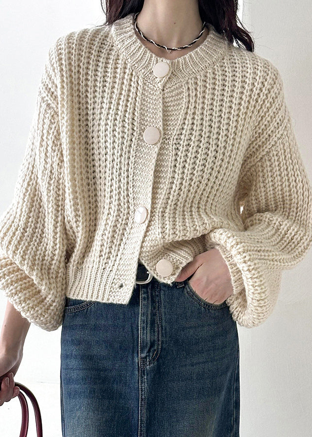Beige Button Cotton Knit Cardigan O Neck Long Sleeve Af1035