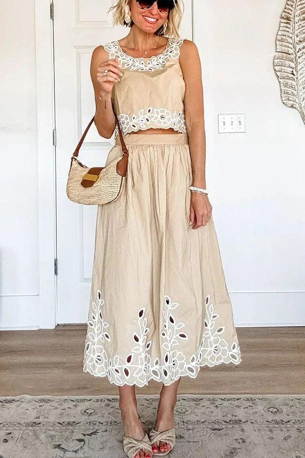 Vacation Season Eyelet Poplin Tank and High Rise Elastic Waist Midi Skirt
