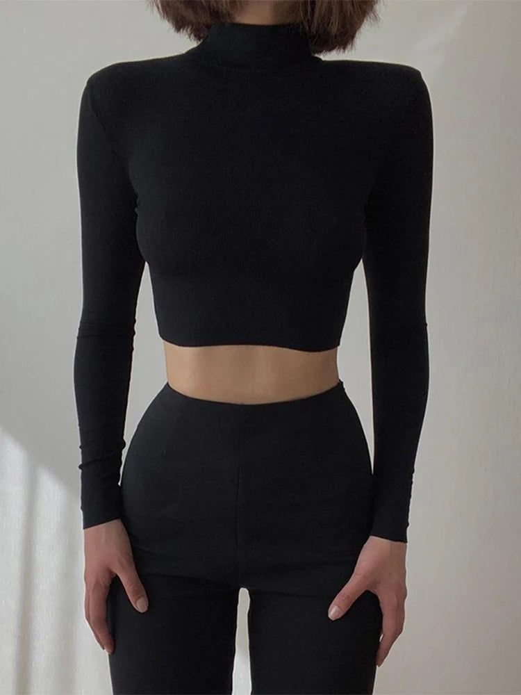 Nude Turtleneck Cropped T Shirt Autumn Long Sleeve T-shirt Skinny Basic Tee Shirt Femme