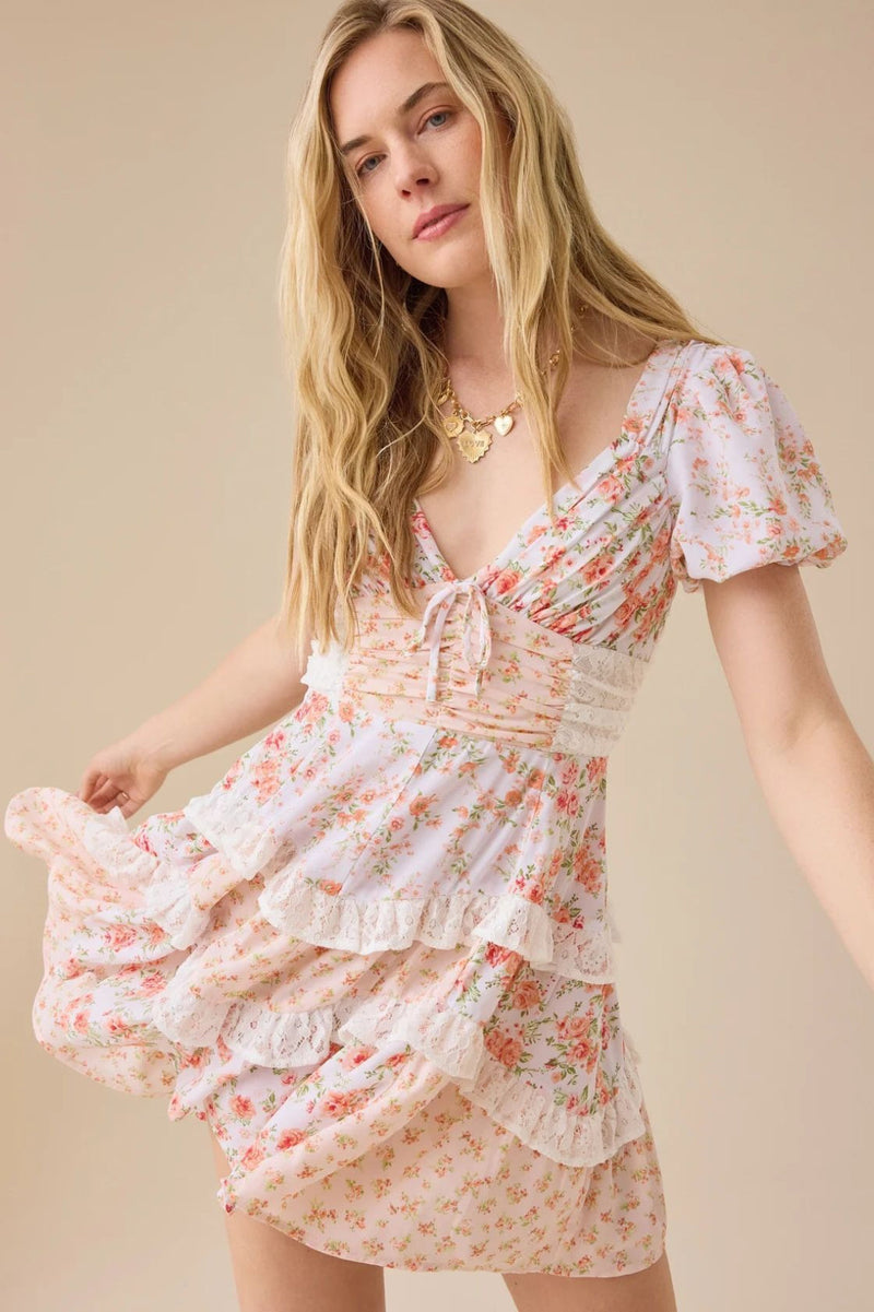 Lace Patchwork V Neck Puff Short Sleeve Mini Dress