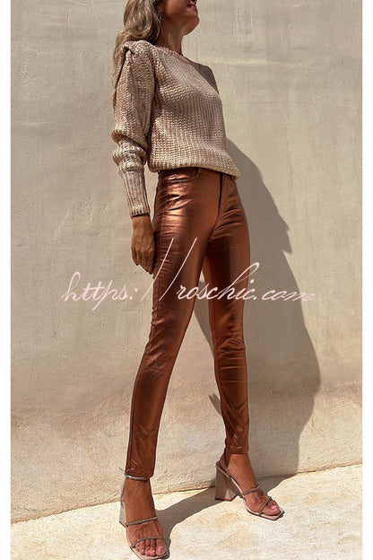 Sweet and Glitzy Metallic Color Pocket Faux Leather Stretch Pants