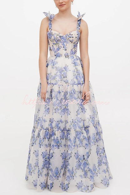 Fairytale Itself Organza Print Tie Strap Maxi Dress
