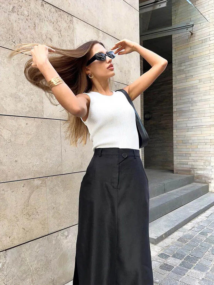 Black Loose Long Skirts A-line Zip Skirts Summer Skirts Female With Pocket Ankle-length Skirts