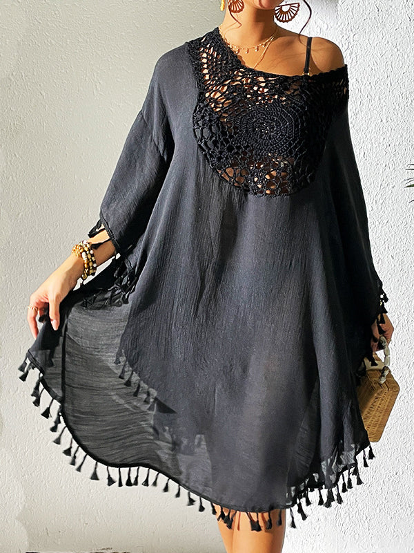 Batwing Sleeves Loose Hollow Color Sun Protection Tasseled Round-neck Cover-ups Tops Midi Dresses