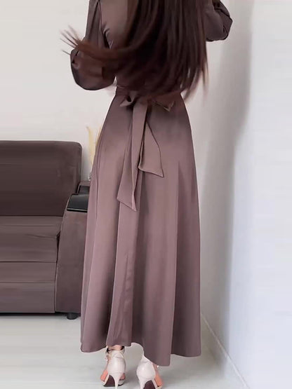 A-line Long Sleeves Pleated Color Tied Waist Zipper Mock Neck Maxi Dresses