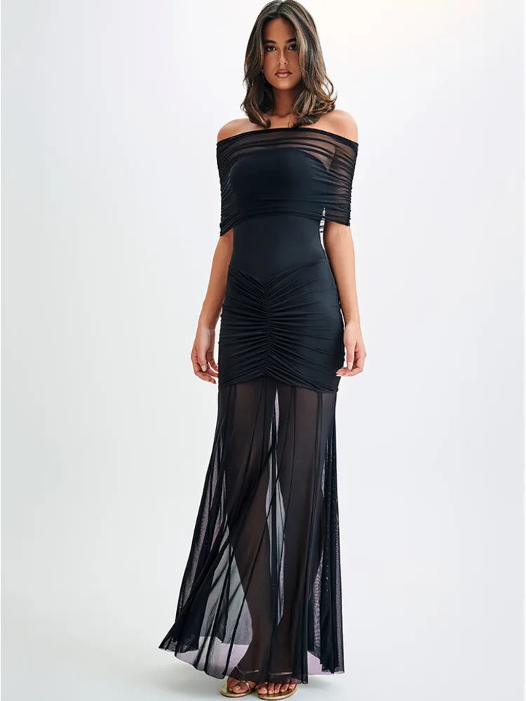 Sleeveless Mesh Patchwork Double Layer Long Dress Bodycon Evening Dress Perspective Tight Vestido