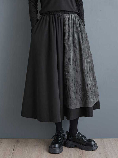 Black Loose High Waisted Pockets Patchwork Jacquard Texture Wide Leg Pants Culotte Ws002