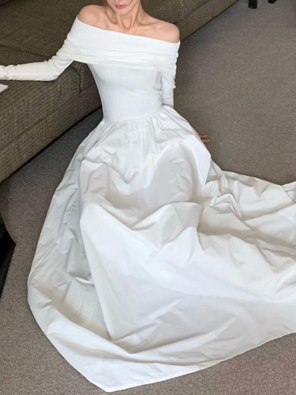 Long Sleeves Pleated Color Split-joint Off-the-shoulder Maxi Dresses