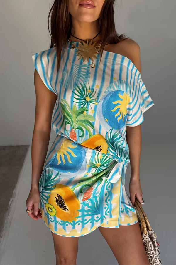 See You in Rio Tropical Fruits Print Wrap Tie-up Mini Skirt