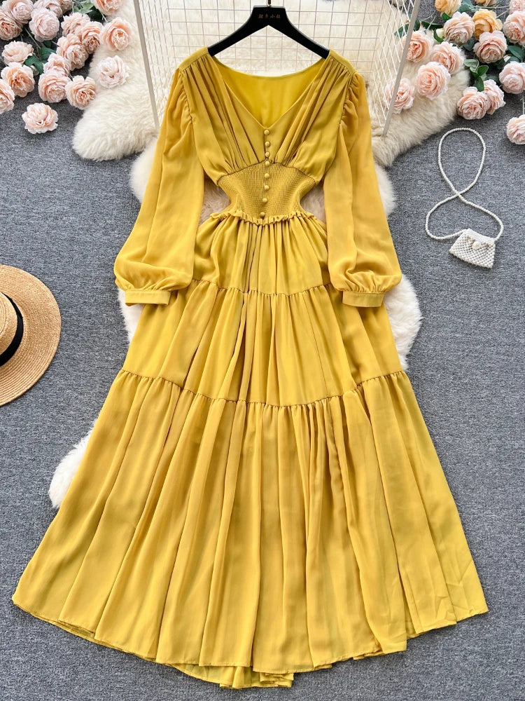 Chiffon Long Dress V-neck Long Sleeved Dresses French Pleated Slim A-line Long Robe Vestidos