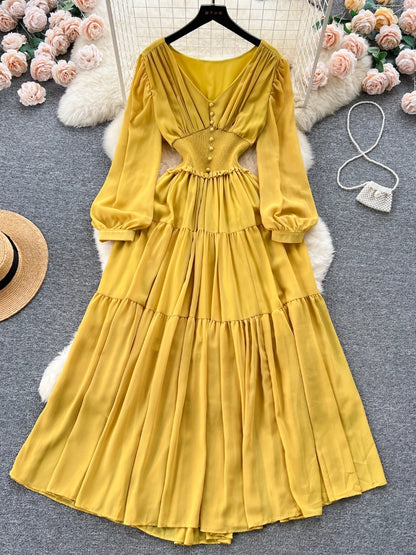 Chiffon Long Dress V-neck Long Sleeved Dresses French Pleated Slim A-line Long Robe Vestidos