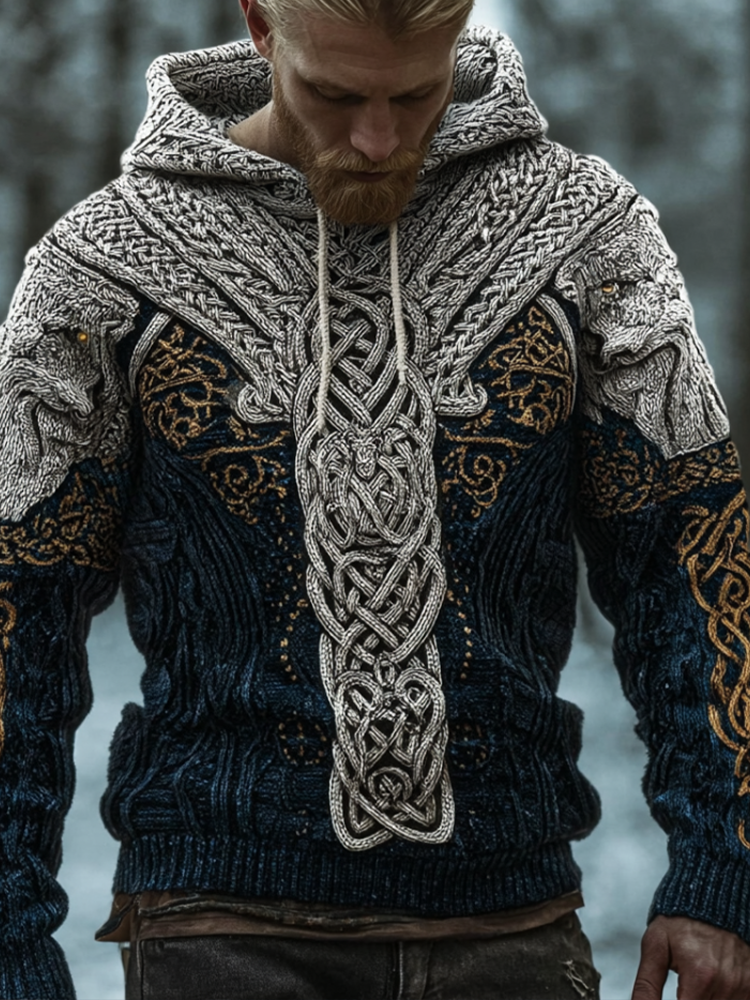 Men's Hooded Thick Sweater With Viking Style Tribal Totem And Wolf Totem Patterns artswardrobe