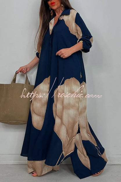 Unique Printed Loose Long Shirt and Elastic Waist Pocket Wide Leg Pants Set
