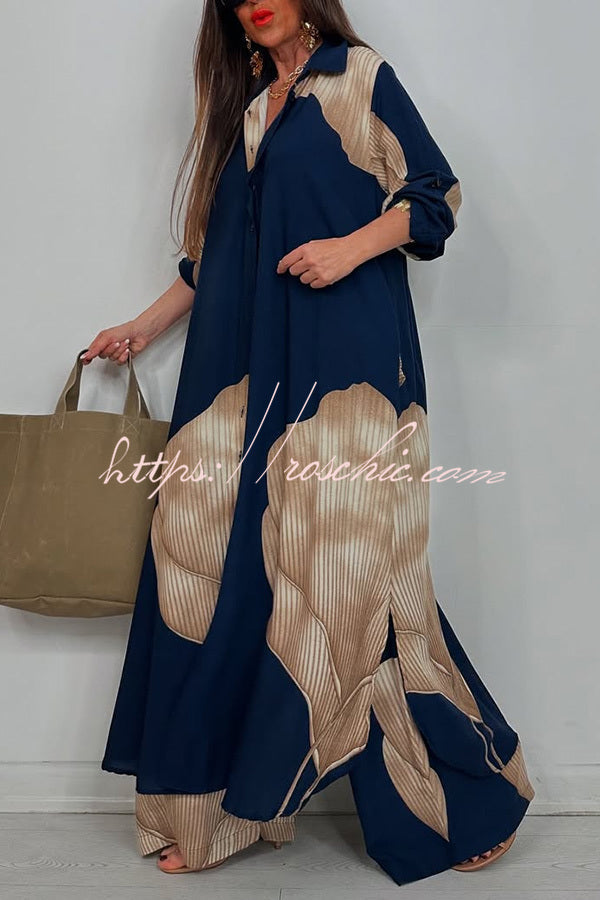 Unique Printed Loose Long Shirt and Elastic Waist Pocket Wide Leg Pants Set