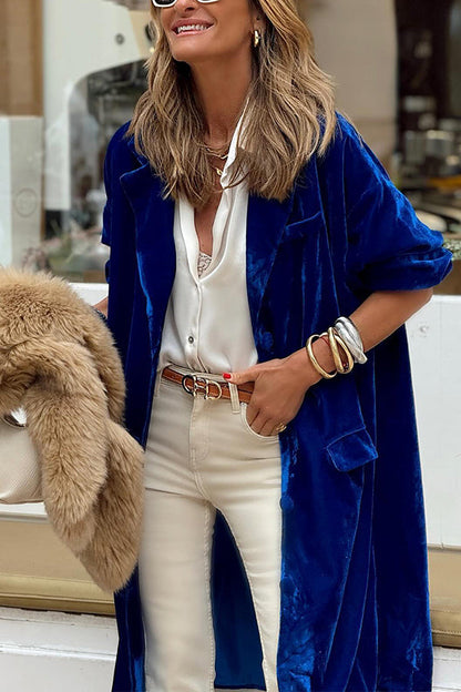 Fashionable Gold Velvet Trench Coat Long Skirt Jacket